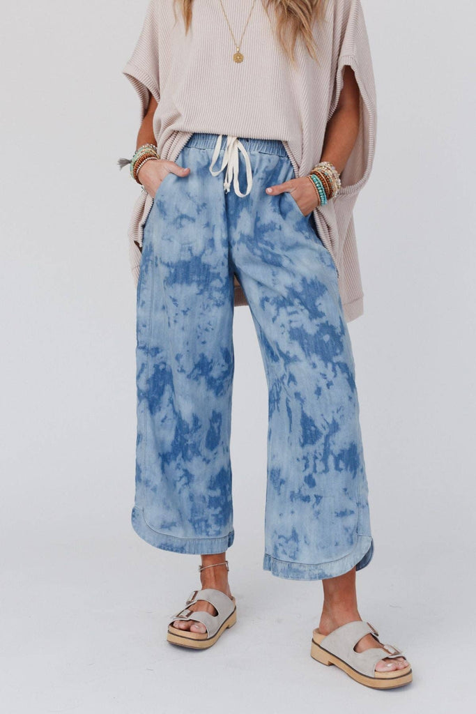 So Comfy Wide Leg Cropped Pant - Bleach Dye Denim-Betina Roza