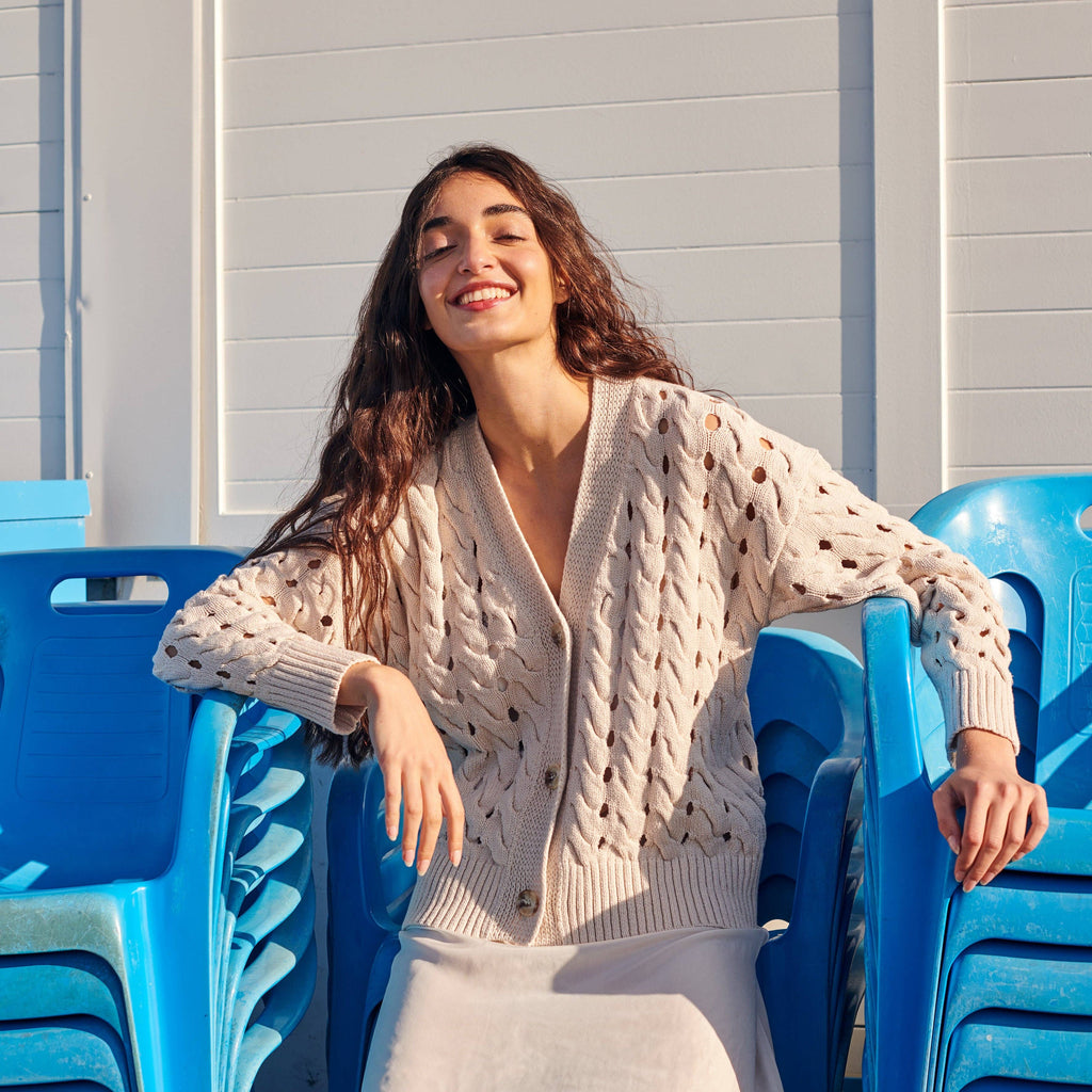 Open Cable Cotton Cardigan in Natural-Betina Roza