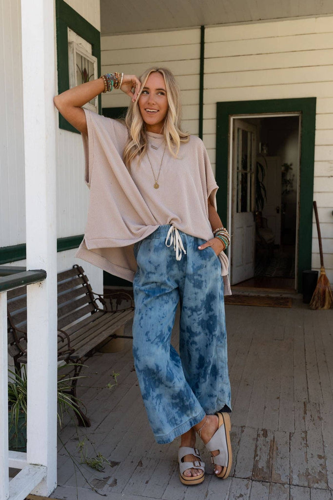 So Comfy Wide Leg Cropped Pant - Bleach Dye Denim-Betina Roza