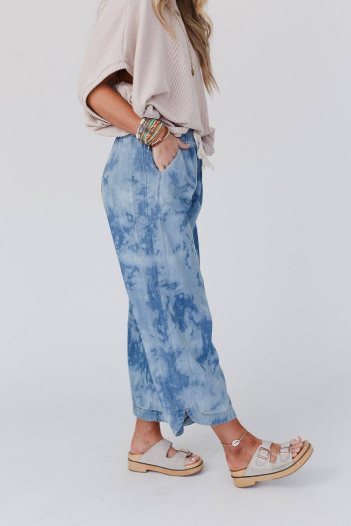 So Comfy Wide Leg Cropped Pant - Bleach Dye Denim-Betina Roza