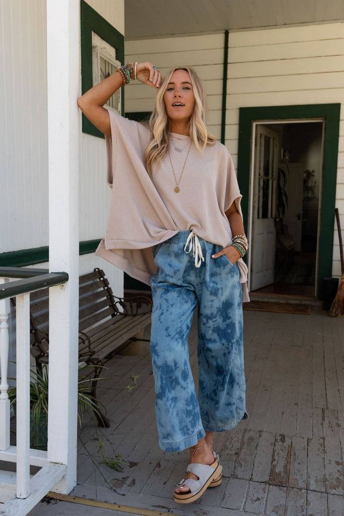 So Comfy Wide Leg Cropped Pant - Bleach Dye Denim-Betina Roza