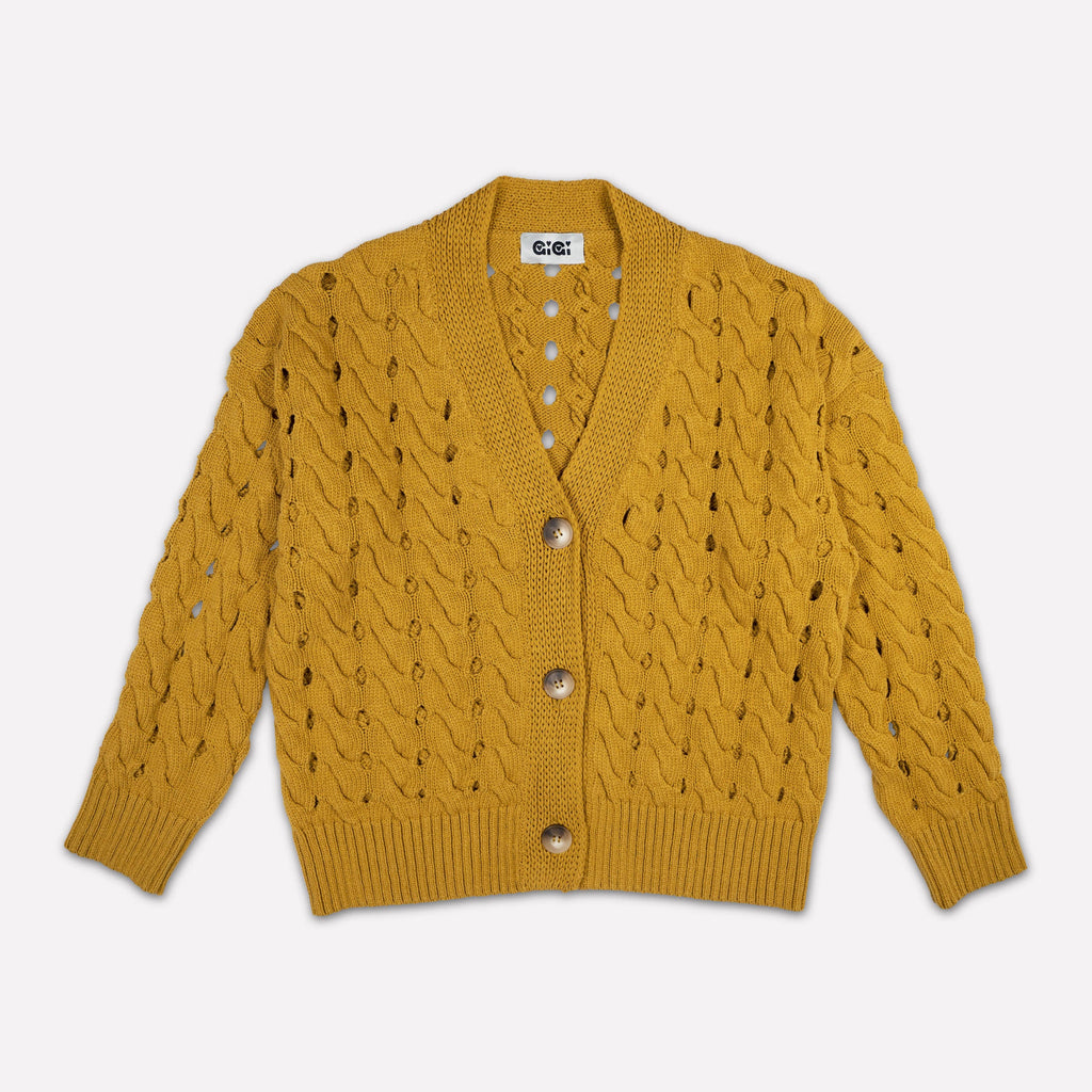 Open Cable Cotton Cardigan in Mustard-Betina Roza