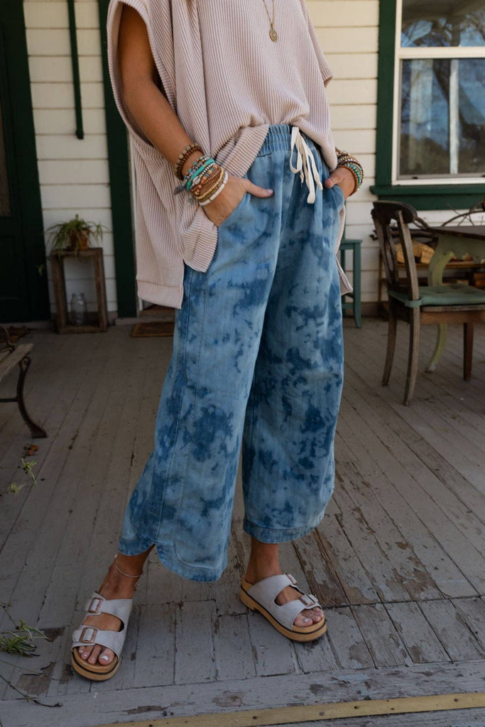 So Comfy Wide Leg Cropped Pant - Bleach Dye Denim-Betina Roza