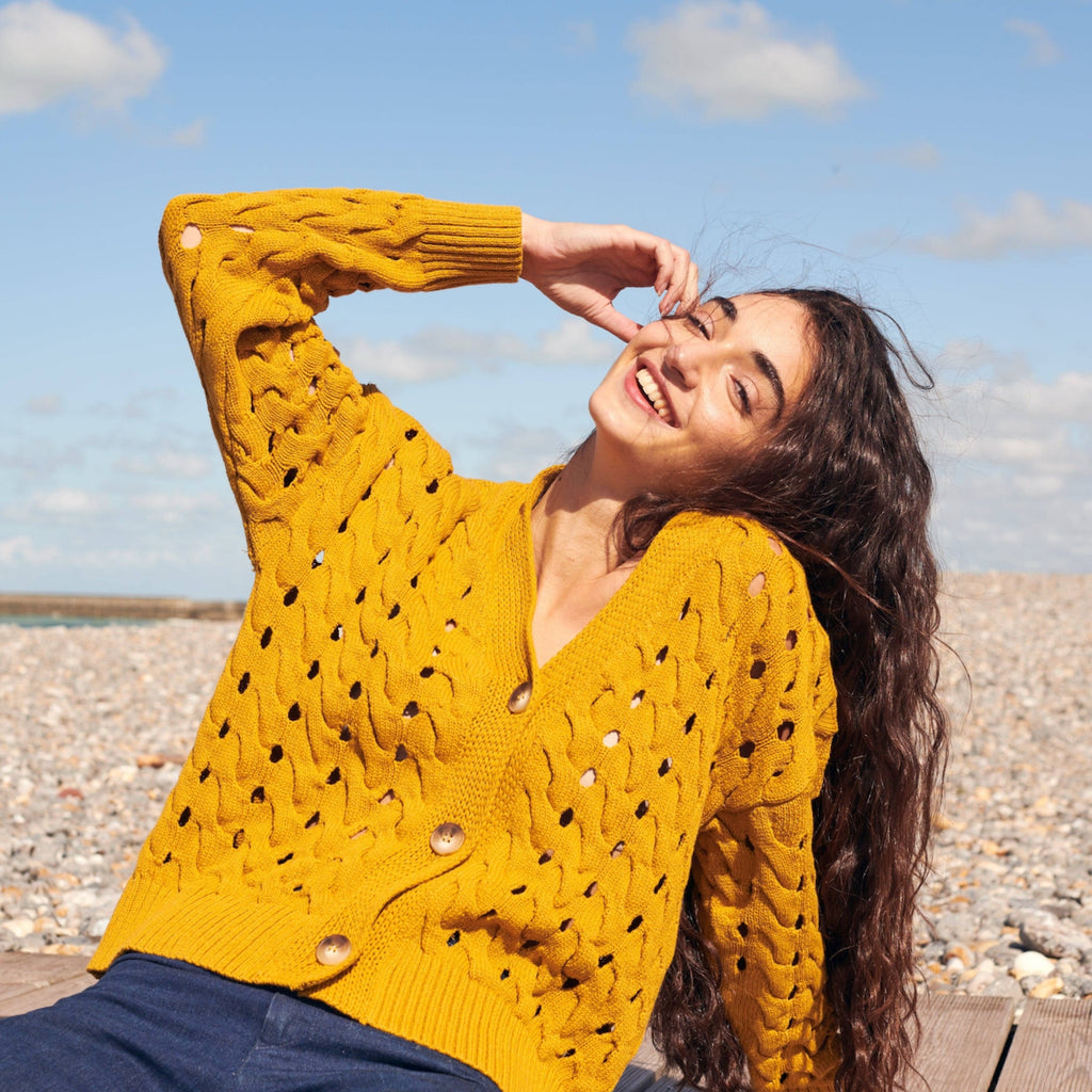 Open Cable Cotton Cardigan in Mustard-Betina Roza