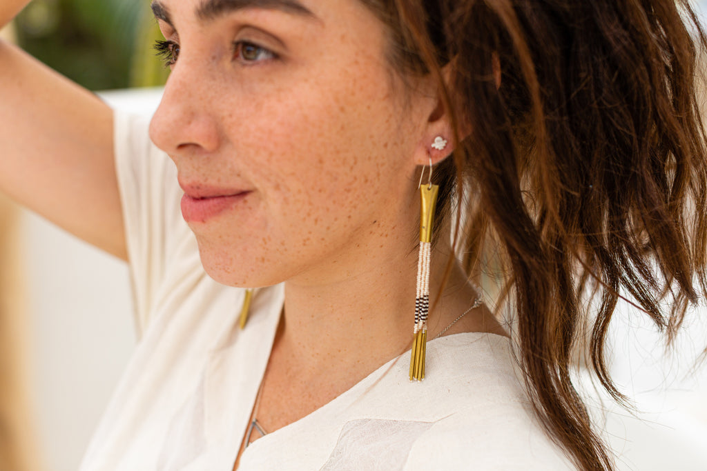 Ivory Stripe Bead Tassel Earrings-Earrings-Betina Roza