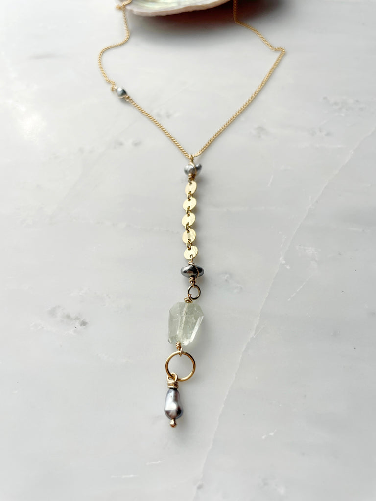 Green Quartz & Black Pearl Lariat Necklace-Necklace-Betina Roza