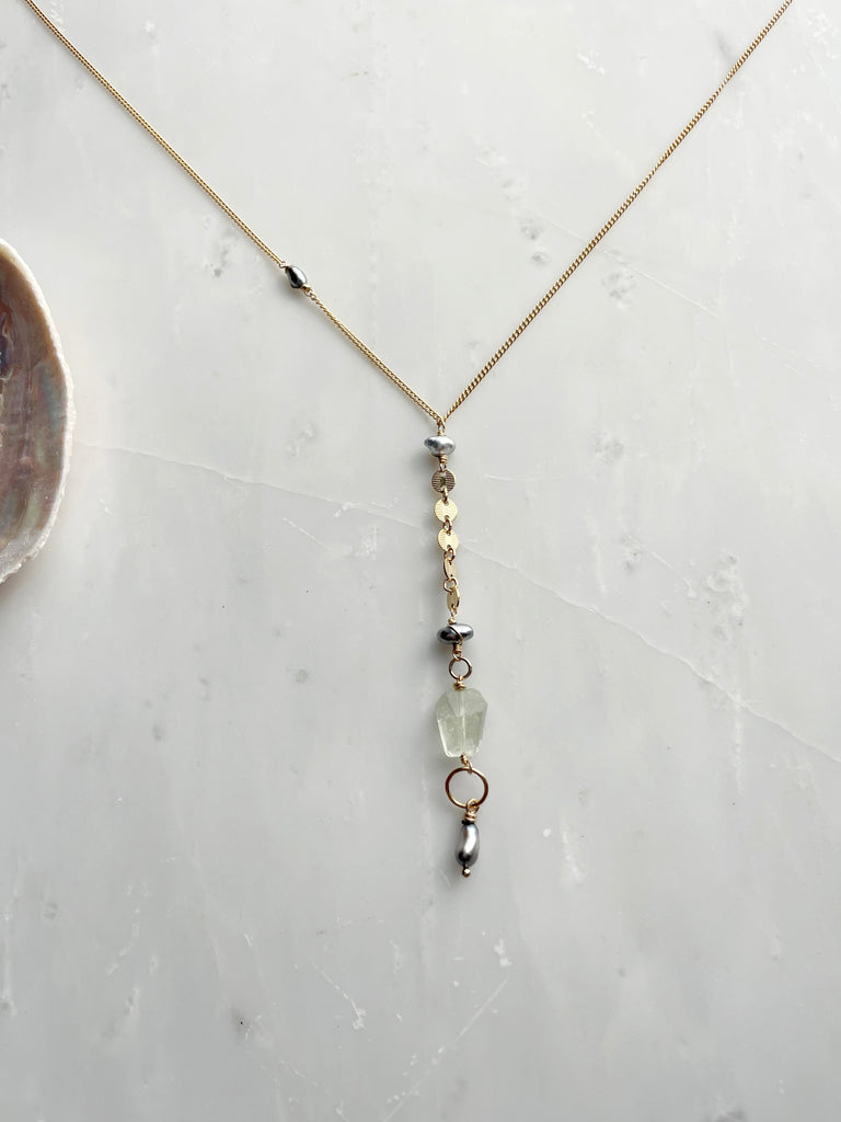 Green Quartz & Black Pearl Lariat Necklace-Necklace-Betina Roza