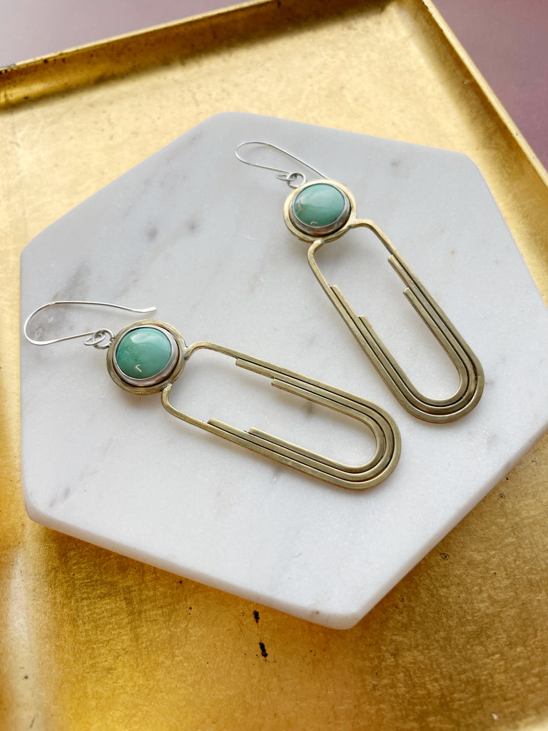 One of a Kind Brass & Turquoise Deco Earrings-Earrings-Betina Roza