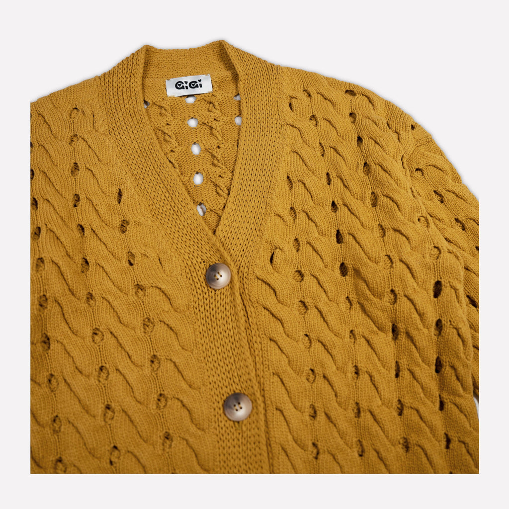 Open Cable Cotton Cardigan in Mustard-Betina Roza