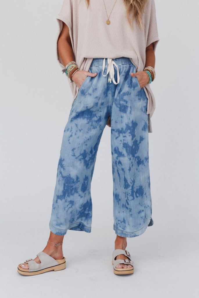 So Comfy Wide Leg Cropped Pant - Bleach Dye Denim-Betina Roza