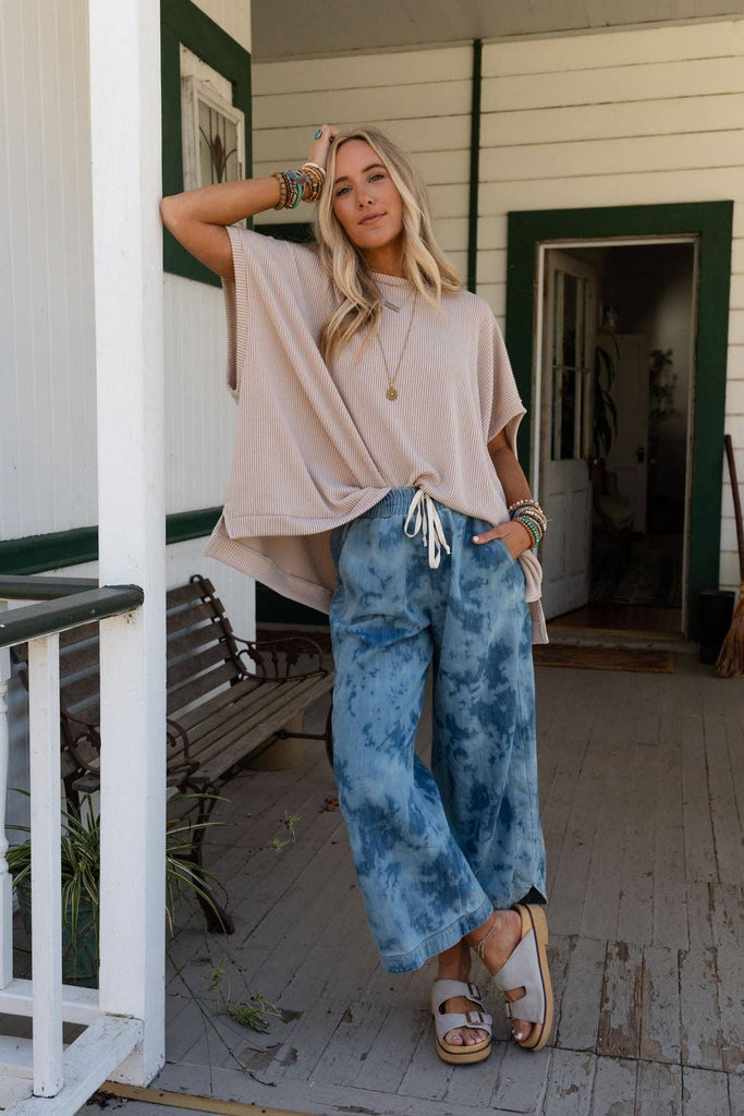 So Comfy Wide Leg Cropped Pant - Bleach Dye Denim-Betina Roza
