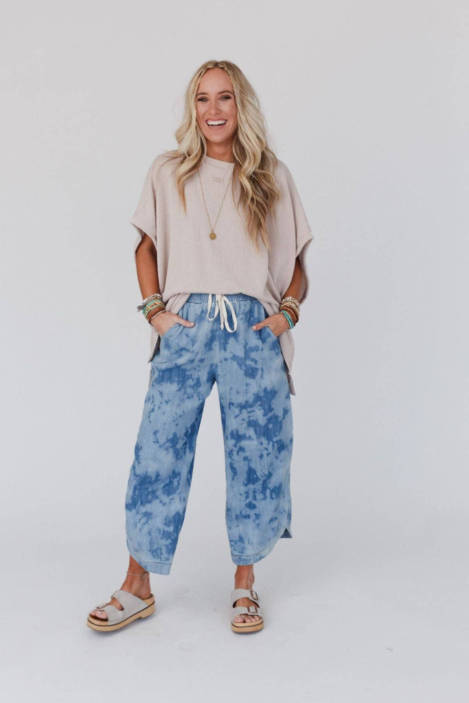 So Comfy Wide Leg Cropped Pant - Bleach Dye Denim-Betina Roza